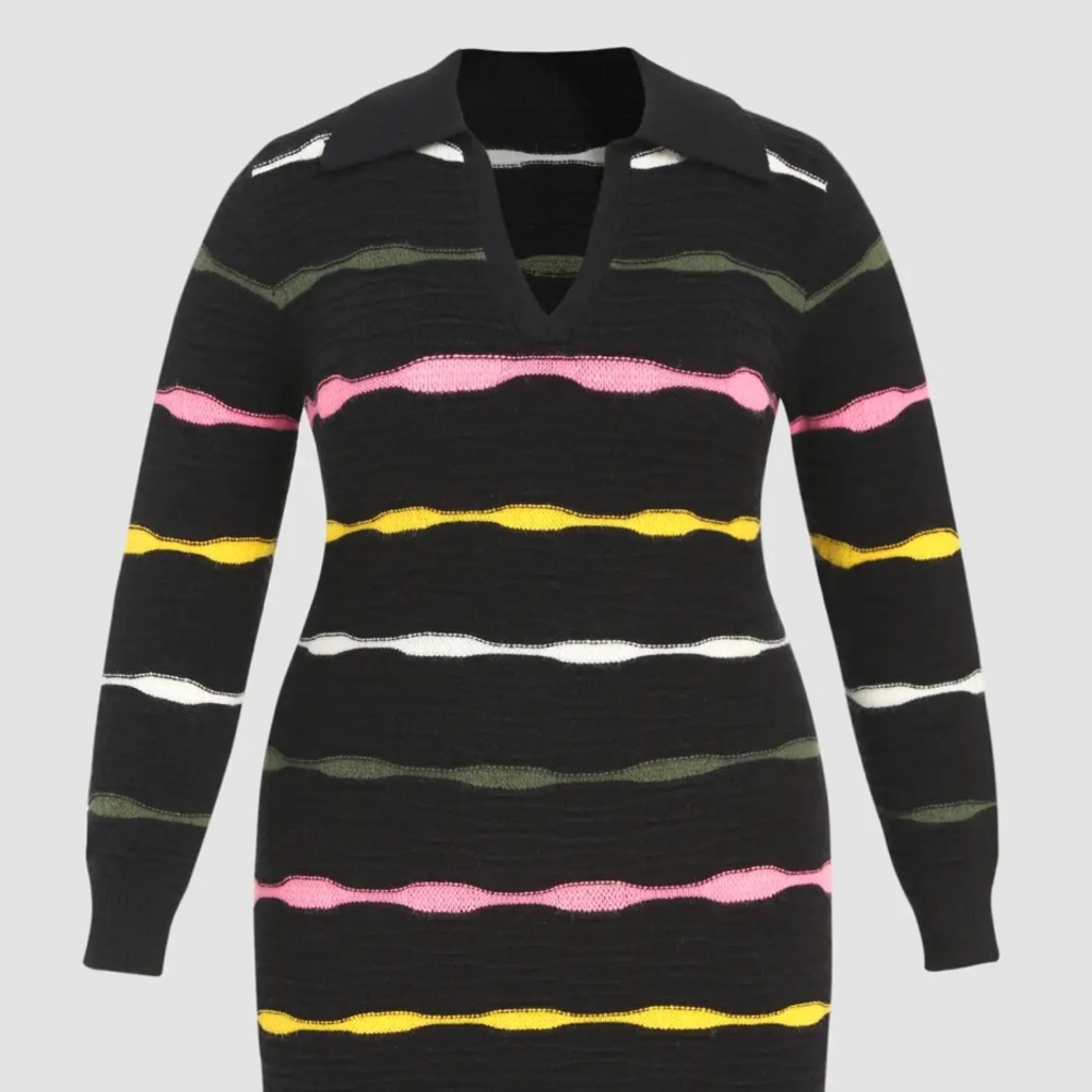 Textured knit dress with stripes. Base color is black.
